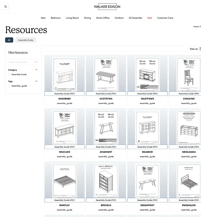 Walker Edison assembly guide library built with ResourceHub