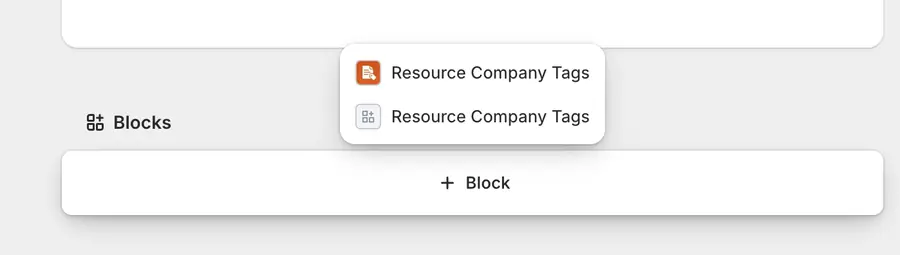 Shopify block picker showing Resource Company Tags with the ResourceHub icon