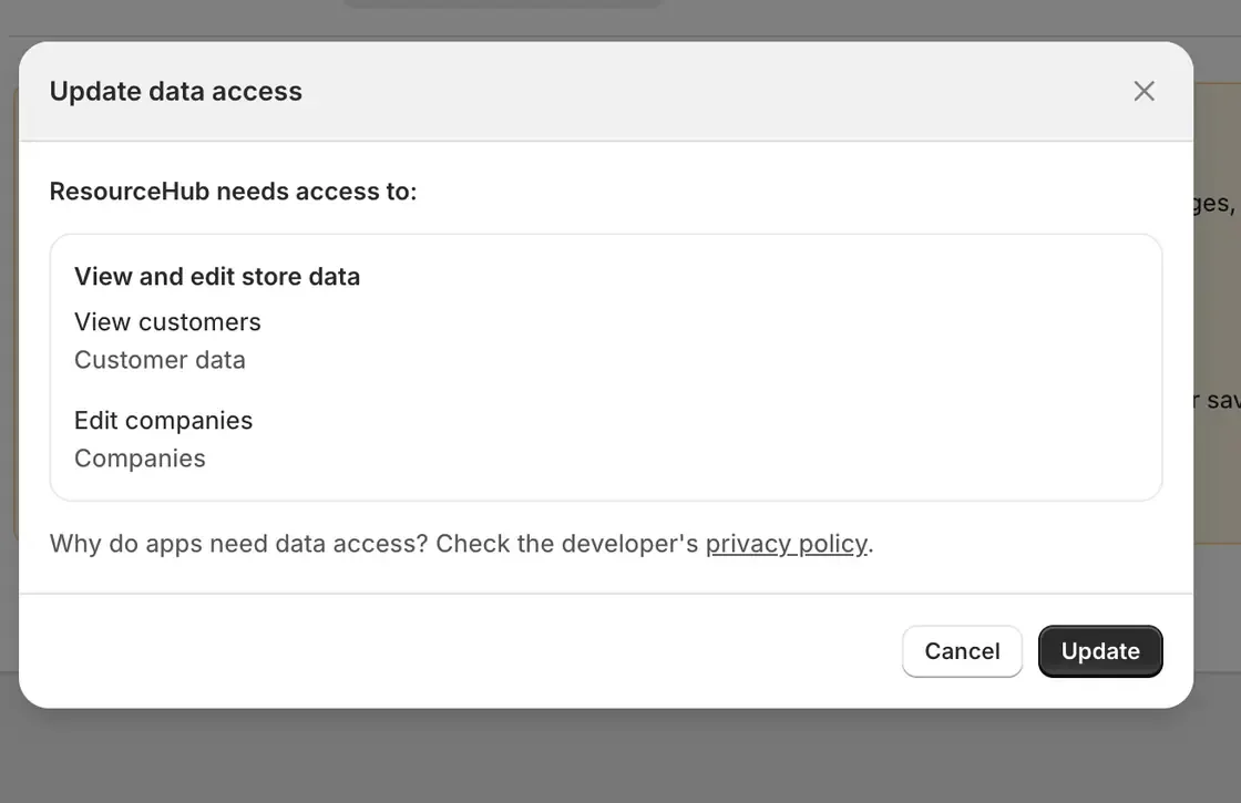 Shopify permission prompt showing View customers and Edit companies