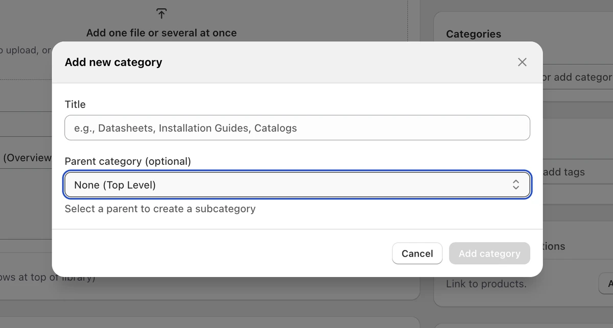 Add new category dialog with Parent category setting