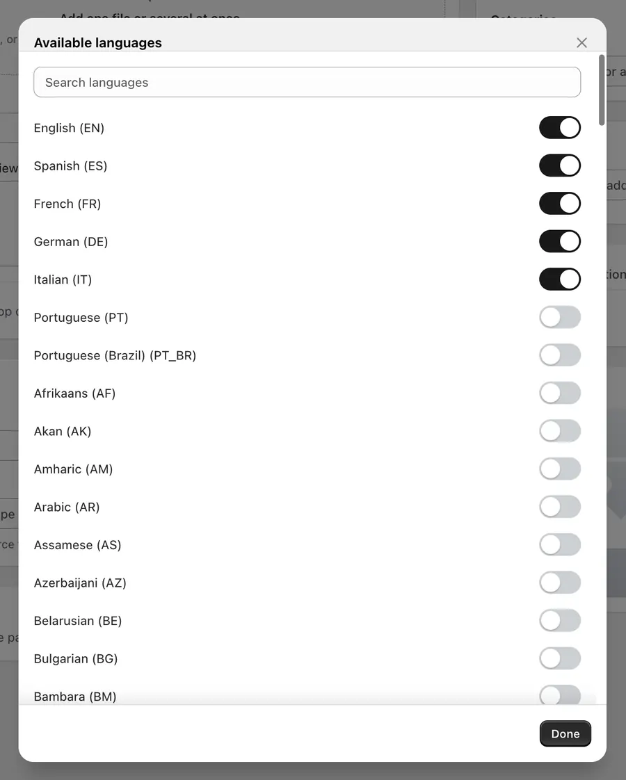 Available languages manager in ResourceHub