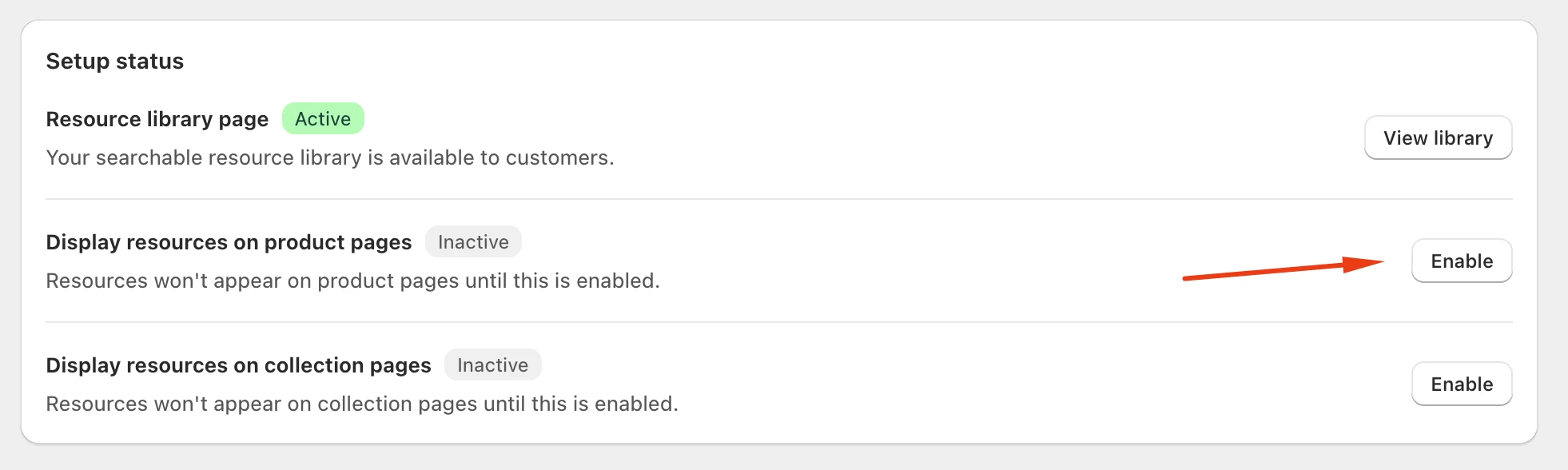 ResourceHub Setup status card with Enable beside Display resources on product pages