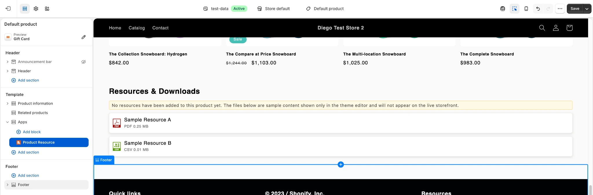 Theme editor preview showing the Resources and Downloads block with two sample resources