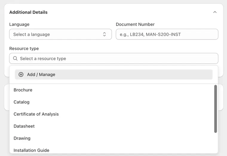 Resource Type picker with Add / Manage in ResourceHub