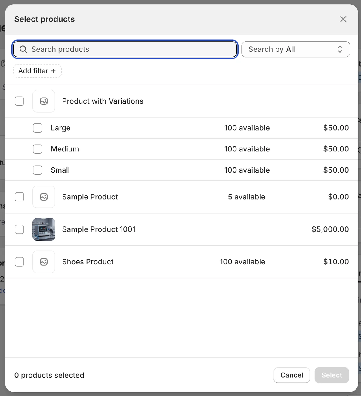 Select products window in ResourceHub