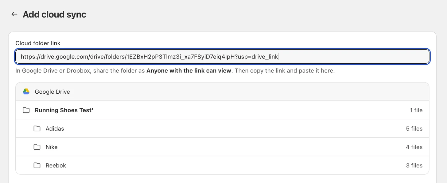 Add cloud sync screen showing a pasted Google Drive folder link and the folder preview with Adidas, Nike and Reebok subfolders